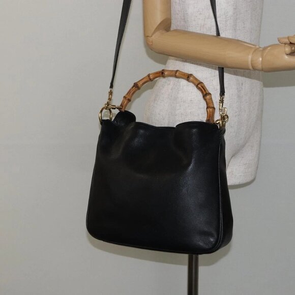 GUCCI Bamboo Shoulder Bag Leather 2way Black Gold 001 1638 Auth 142796 - Picture 14 of 16